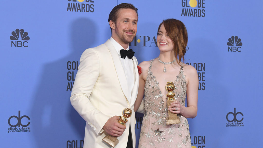 BEVERLY HILLS, CA - JANUARY 08:  Actors Ryan Gosling and Emma Stone, winners for Best Actor and Best Actress in a Musical or Comedy Film for "La La Land", pose in the press room during the 74th Annual Golden Globe Awards at The Beverly Hilton Hotel on January 8, 2017 in Beverly Hills, California.  (Photo by Kevin Winter/Getty Images)